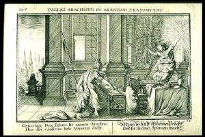 Arachne transformed, from a 1703 edition of the Metamorphoses of Ovid illustrated by Johann Wilhelm Bauer
